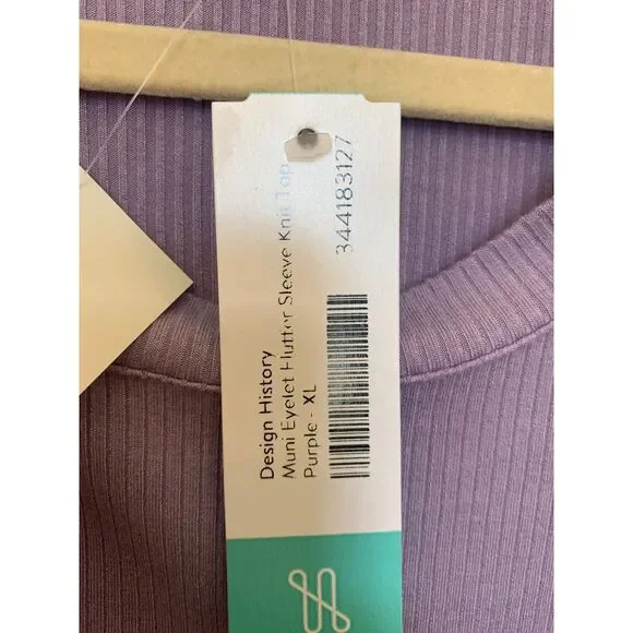 Design History Purple Eyelet Flutter Sleeve Romantic Top XL NWT Ribbed Knit - Picture 4 of 5
